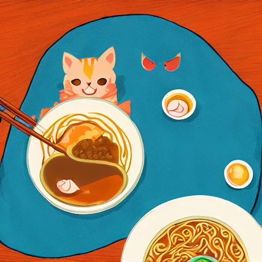 Image similar to Cute kawaii cat eating a bowl of ramen in The Legend of Zelda Breath of the Wild, toon shading npr