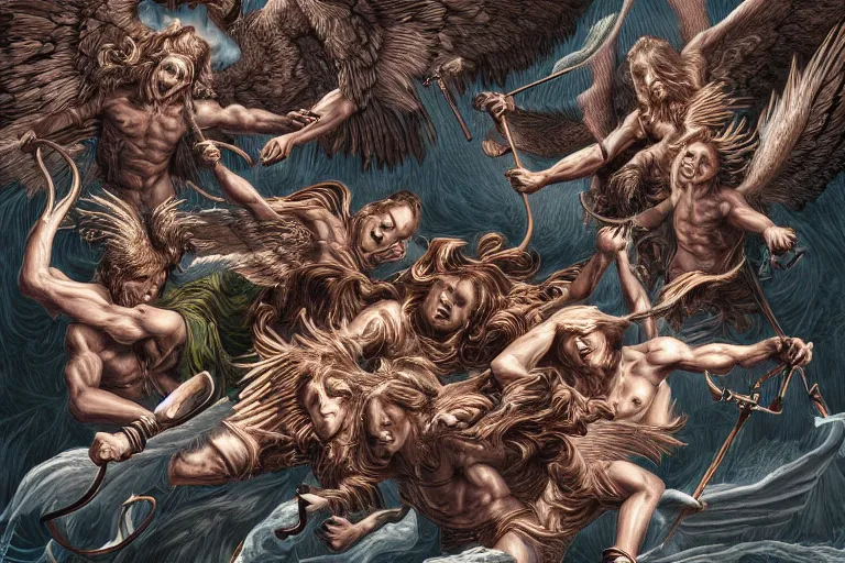 Image similar to hyper detailed digital illustration of angels battling demons