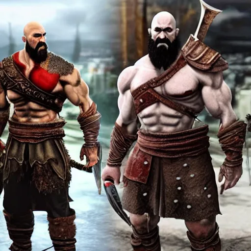 Prompt: Kratos from god of war standing in front of a mcdonalds