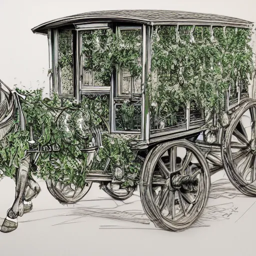 Image similar to annotated highly, detailed and intricate, sketch of a carriage cabin full of green plants, marker concept art style rendering, concept art, half blueprint, trending on artstation, intricate details, center frame, annotations