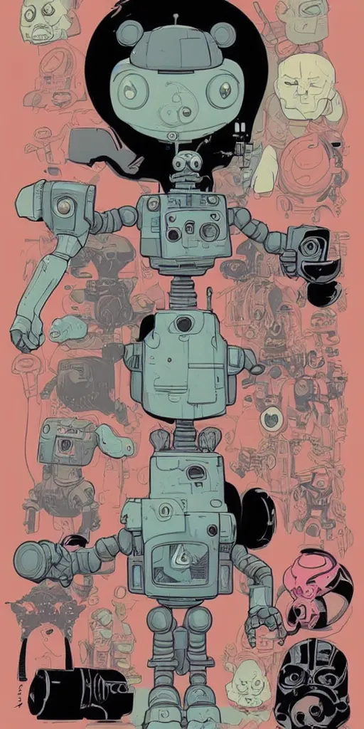 Prompt: A cute robot character portrait by mike mignola and josan gonzalez