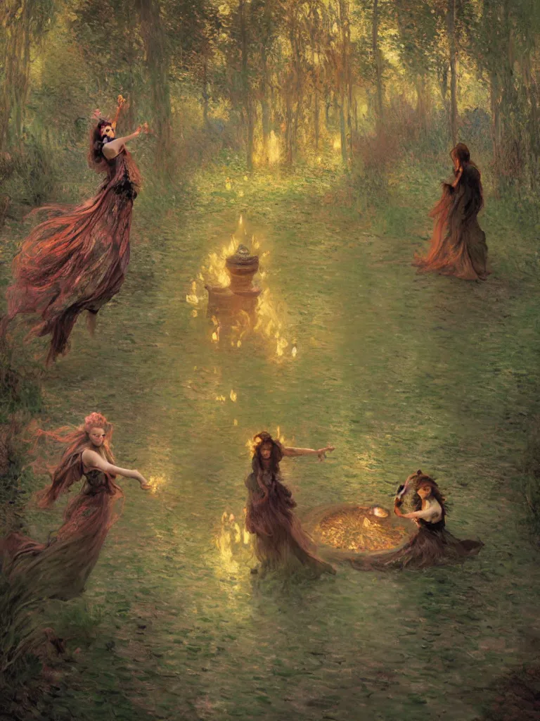 Prompt: illustration studio portrait of witches dancing and floating around a big firepit in artistic poses at the forest in a witch's dark coven, monet painterly motives and textures pattern, hyper detailed, octane render, vivid colors, artstation, by jeremy mann, by alphonse mucha, by monet