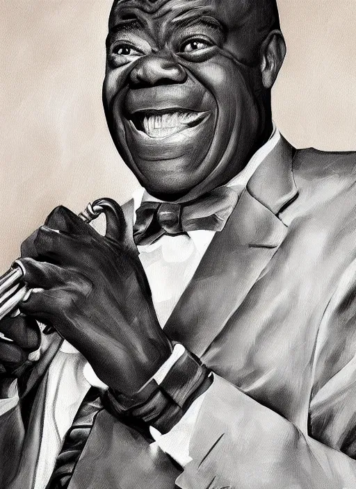 Prompt: a portrait of louis armstrong telling a joke, by anastasia pollard, dramatic lighting, highly detailed digital painting