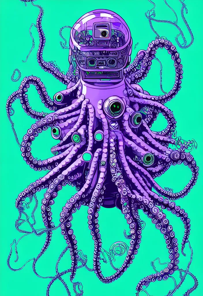 Image similar to robotic cyberpunk octopus by miyazaki, blue green purple black color palette, symmetrical vector illustration, kenneth blom, mental alchemy, james jean, pablo amaringo, naudline pierre, contemporary art, hyper detailed