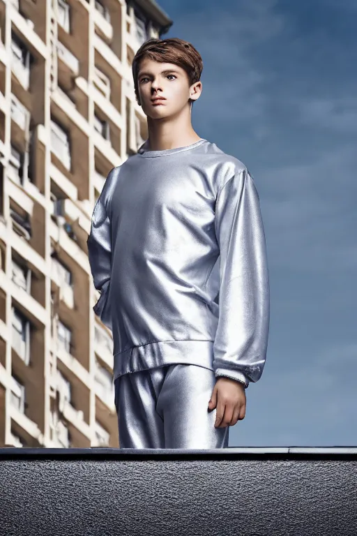 Image similar to un ultra high definition studio quality photographic art portrait of a young man standing on the rooftop of a british apartment building wearing soft padded silver pearlescent clothing. three point light. extremely detailed. golden ratio, ray tracing, volumetric light, shallow depth of field. set dressed.