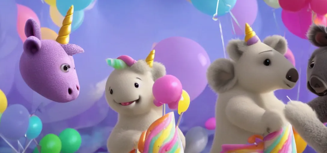 Image similar to a medium shot of a unicorn and koala enjoying ice cream cones at a birthday, highly detailed, Pixar movie, anamorphic lens