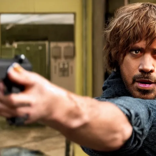 Image similar to shaggy from scooby doo holding a gun, film still from the movie directed by denis villeneuve with art direction by bill ward, wide lens