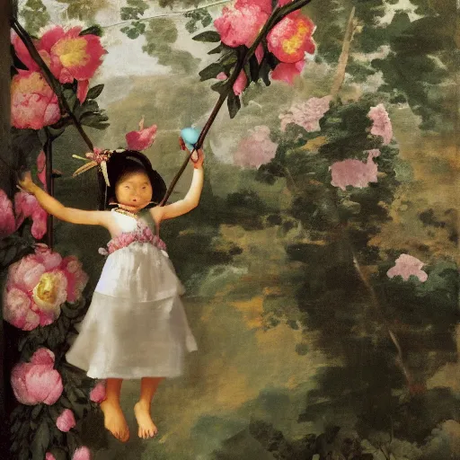 Prompt: A girl in a peony dress swings on a flower swing in Bali style by velasquez