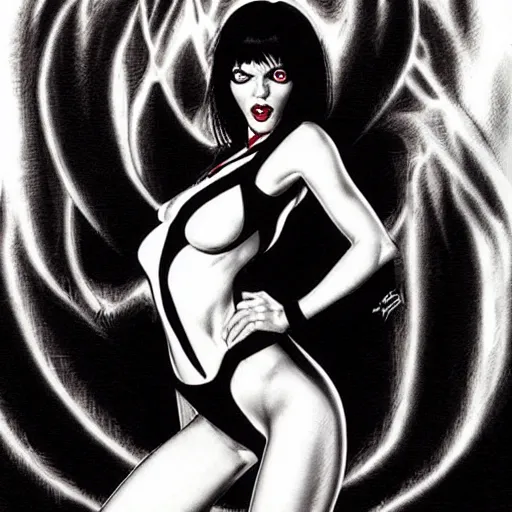 Prompt: Vampirella, Joe Jusko, Michael Whelan, artstation, pen and paper, black and white