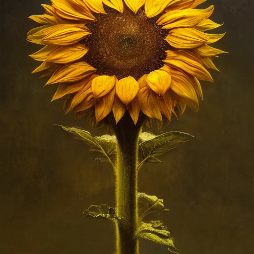 Image similar to a sunflower | highly detailed oil painting, hyperrealistic, very intrincate | cinematic lighting, award - winning | by rachel ruysch, giger, beksinski and bocklin | by austin osman spare and william blake, trending on artstation, cgsociety, official art, octane.