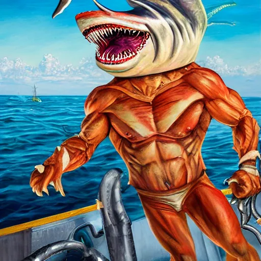 Image similar to full - color photorealistic fantastical oil - painting of : an anthropomorphic muscular male humanoid - hybrid shark - monster is terrorizing workers on the deck of a commercial fishing boat. the shark - monster is wearing swim - trunks. highly - quality, highly - detailed professional artwork.