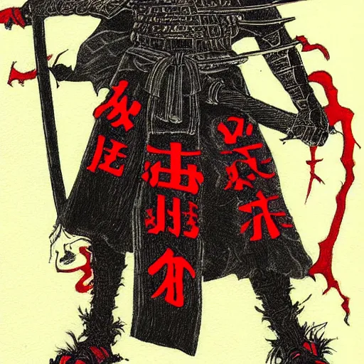 Image similar to Samurai by Kentaro Miura, horror, black and red color scheme