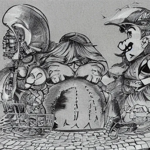 Image similar to mario stomping on a goomba, line art black and white, art by artgerm and greg rutkowski and alphonse mucha