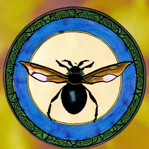 Image similar to a Wiccan ritual spell with a bumblebee placed in the middle of a bloody bullseye, art nouveau