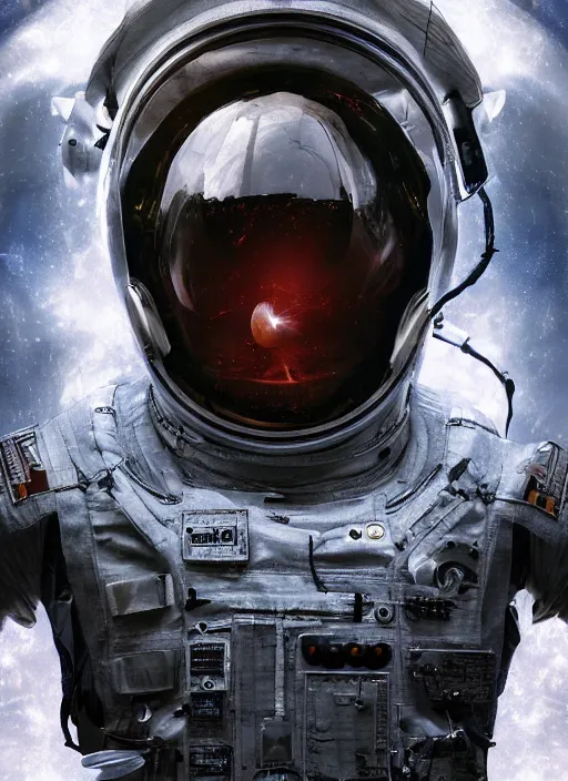 Image similar to complex poster by craig mullins astronaut in futuristic dark and empty spaceship underwater. infrared glowing lights. complex and hyperdetailed technical suit. reflection and dispersion materials. rays and dispersion of light. volumetric light. 5 0 mm, f / 3 2. noise film photo. flash photography. unreal engine 4, octane render. interstellar movie art