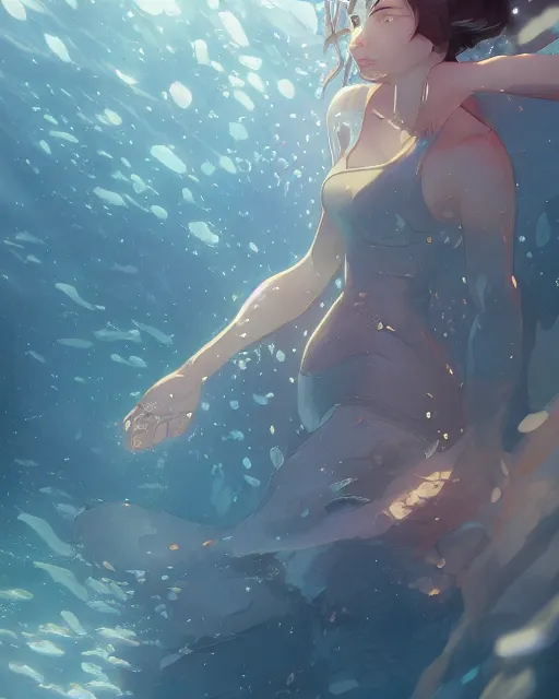 Image similar to Under Water, Full shot, Atmospheric lighting, By Makoto Shinkai, Stanley Artgerm Lau, WLOP , Rossdraws, James Jean, Andrei Riabovitchev, Marc Simonetti, krenz cushart, Sakimichan, D&D trending on ArtStation, digital art.