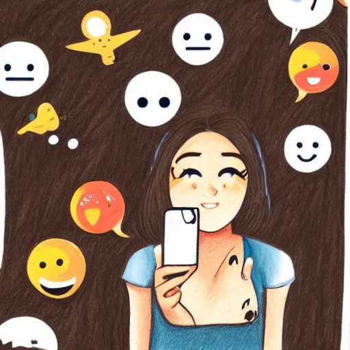 Prompt: a drawing of a cute girl taking a selfie with emojis floating in the air