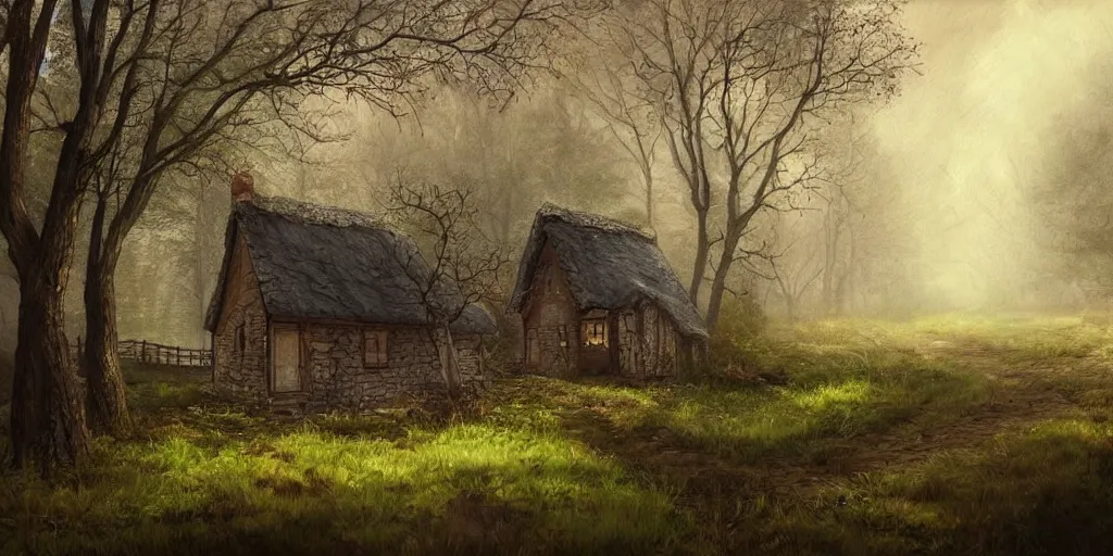 Image similar to a painting of a cottage in the woods and empty woods, 8k, fantasy, hyper realistic, atmospheric, cinematic