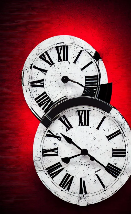 Image similar to a melting Roman numeral clock, behind a red and black gradient background, awith a black heart shaped on the top left corner and a black diamond card shape in the bottom right corner, dynamic lighting, photorealistic fantasy concept art, trending on art station, stunning visuals, cinematic, creative, ultra detailed