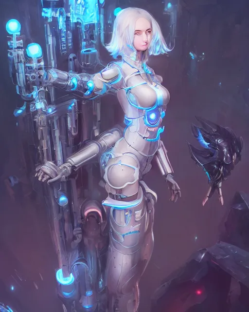 Image similar to holy cyborg necromancer girl, elegant, scifi, futuristic, utopia, garden, illustration, atmosphere, top lighting, blue eyes, white hair, focused, artstation, highly detailed, art by yuhong ding and chengwei pan and serafleur and ina wong