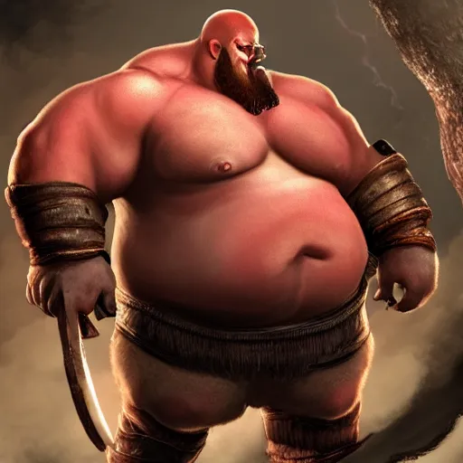 Image similar to morbidly obese god of war has like ten chins