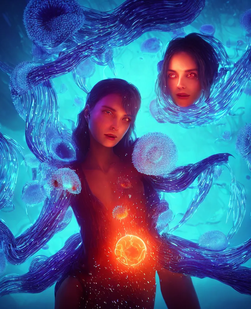 Prompt: close-up portrait of a beautiful girl floating in ethereum surrounded by floating jellyfish, energy flows of fire and water, flashes of plasma, 3d with depth of field, blurred background, a highly detailed epic cinematic concept art CG render. made in Maya, Blender and Photoshop, octane render, excellent composition, cinematic dystopian brutalist atmosphere, dynamic dramatic cinematic lighting, aesthetic, very inspirational, arthouse. y Greg Rutkowski, Ilya Kuvshinov, WLOP, Stanley Artgerm Lau, Ruan Jia and Fenghua Zhong