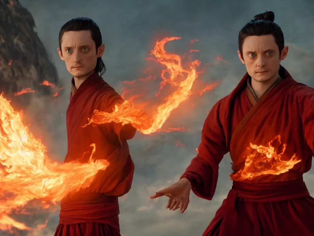 Image similar to elijah wood as fire lord ozai, firebending, in the style of avatar the last airbender, 4 k, intense