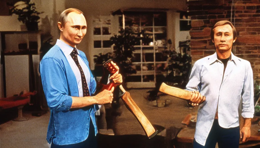 Prompt: 7 0 s movie still of putin in teleshopping show, proudly holding an axe. cinestill 8 0 0 t _ 3 5 mm eastmancolor, heavy grain, high quality, high detail