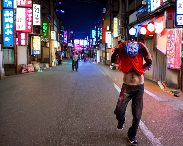 Prompt: a drunk chad bro lost and wandering the streets and alleyways of japan after a long night at the robot restaurant