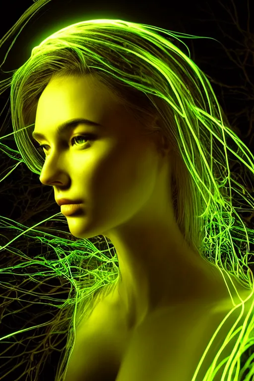 Image similar to bioluminescent long exposure light painting of a beauteous biomechanical practical sumptuous full frame photo realistic face, lifelike incredible hair, crystalline masterpiece incrustations, hyperdetailed face, elegant pose, movie still, intricate, octane render, cinematic forest lighting,