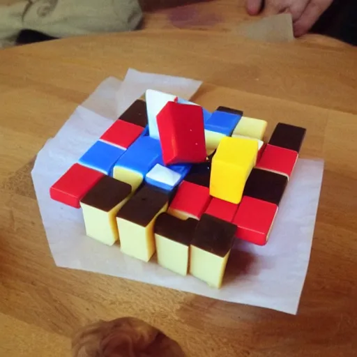 Prompt: a rubiks's cube made of gruyere, on a chees board