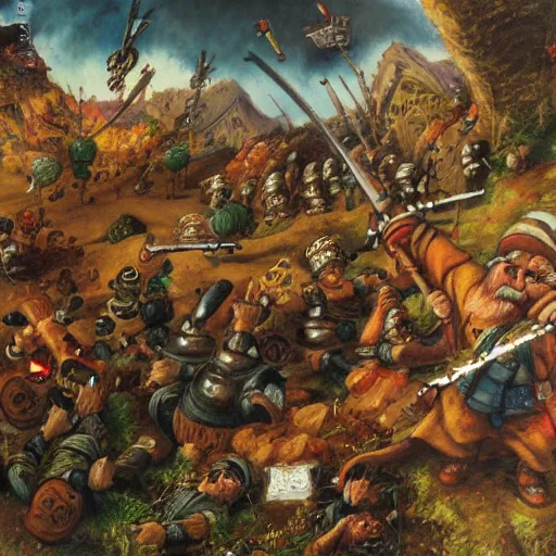 Prompt: an epic gnome battle scene, the attack of suicide dwarves, a detailed oil painting by William Byrd, the Battell style