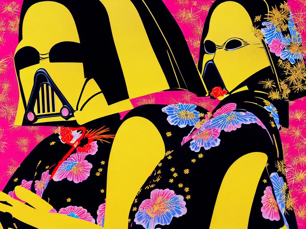 Image similar to hyperrealistic composition of the detailed woman in a japanese kimono sitting at a extremely detailed black jack table with golden darth vader, fireworks, mountain fuji on the background, pop - art style, jacky tsai style, andy warhol style, acrylic on canvas