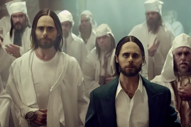 Prompt: Jared Leto as the religious leader Jim Jones in 'Cult' (2006), movie still frame, promotional image, imax 70 mm footage, oscar nominated cinematography, volumetric lighting, 8k resolution