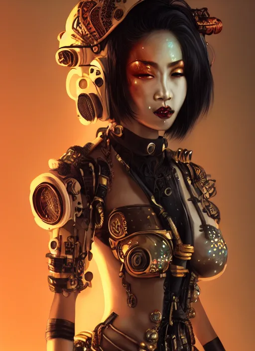 Image similar to soft lustrous ebony geisha seductive raver gutter punk steampunk cyborg, yakuza, golden ratio, details, scifi, fantasy, cyberpunk city, intricate, decadent, highly detailed, octane render, digital painting, artstation, concept art, sharp focus, illustration, art by artgerm, loish, wlop