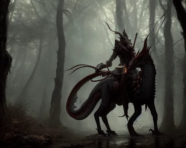 Image similar to 5 5 mm portrait photo of a dragon rider, in a magical forest. dark atmosphere. art by greg rutkowski. highly detailed 8 k. intricate. lifelike. soft light. nikon d 8 5 0.