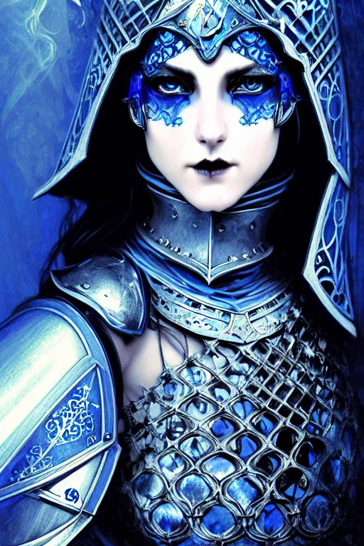 Image similar to beautiful luxury and gothic and victorian and evil medieval female blue & white color armor knight portrait+smoky eyes+light flowing hair, in ruin gothic cathedral, ultradetail face, art and illustration by tian zi and craig mullins and WLOP and alphonse mucha, fantasy, intricate complexity, human structure, fantasy world concept, watermark, blurry, hyperrealism 8k