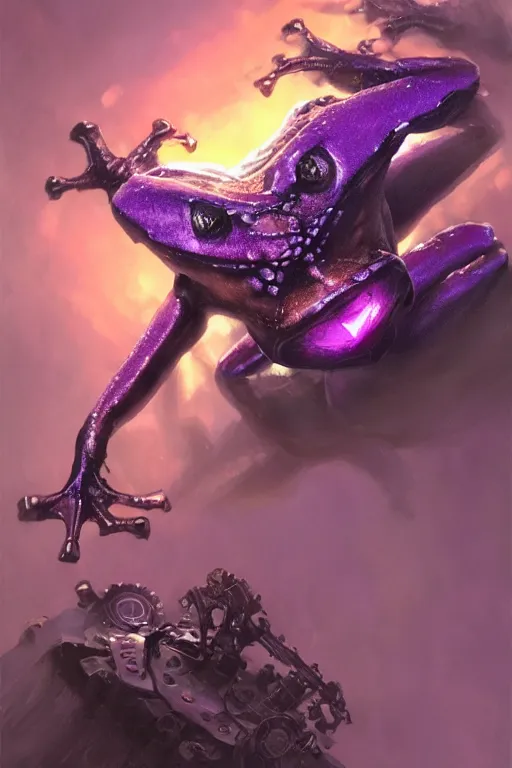 Prompt: flying frog punch, in the style of jill bauman and stephan martiniere, trending on artstation, dramatic purple lighting low angle view concept art, award - winning, steampunk, in the golden hour, metaphysical art