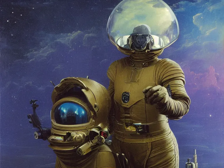 Image similar to a detailed profile oil painting of an advanced soldier in a spacesuit with reflective helmet, advanced technology flight suit, portrait symmetrical and science fiction theme with aurora lighting clouds and stars by beksinski carl spitzweg and tuomas korpi. baroque elements, full-length view. baroque element. intricate artwork by caravaggio. Trending on artstation. 8k