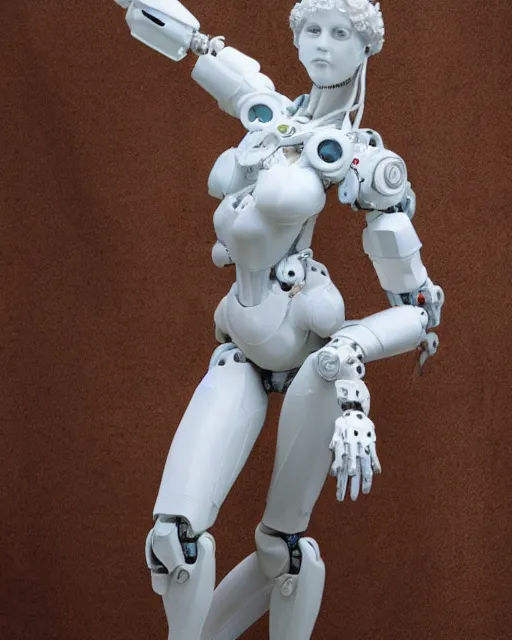 Prompt: marble sculpture of female angel with solarpunk mecha humanoid robotic parts with bright led lights, pudica pose gesture, by michelangelo, in white room, ultra - realistic and intricate, hdr 8 k