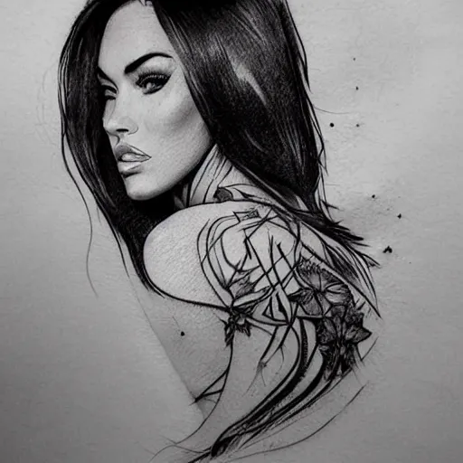 Image similar to double exposure tattoo sketch of megan fox with beautiful mountain scenery, hyper - realistic, in the style of den yakovelev, amazing detail, sharp, abstract