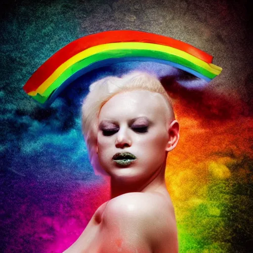 Image similar to beautiful albino woman vomiting rainbows, unral engine octane, colorful, darkart