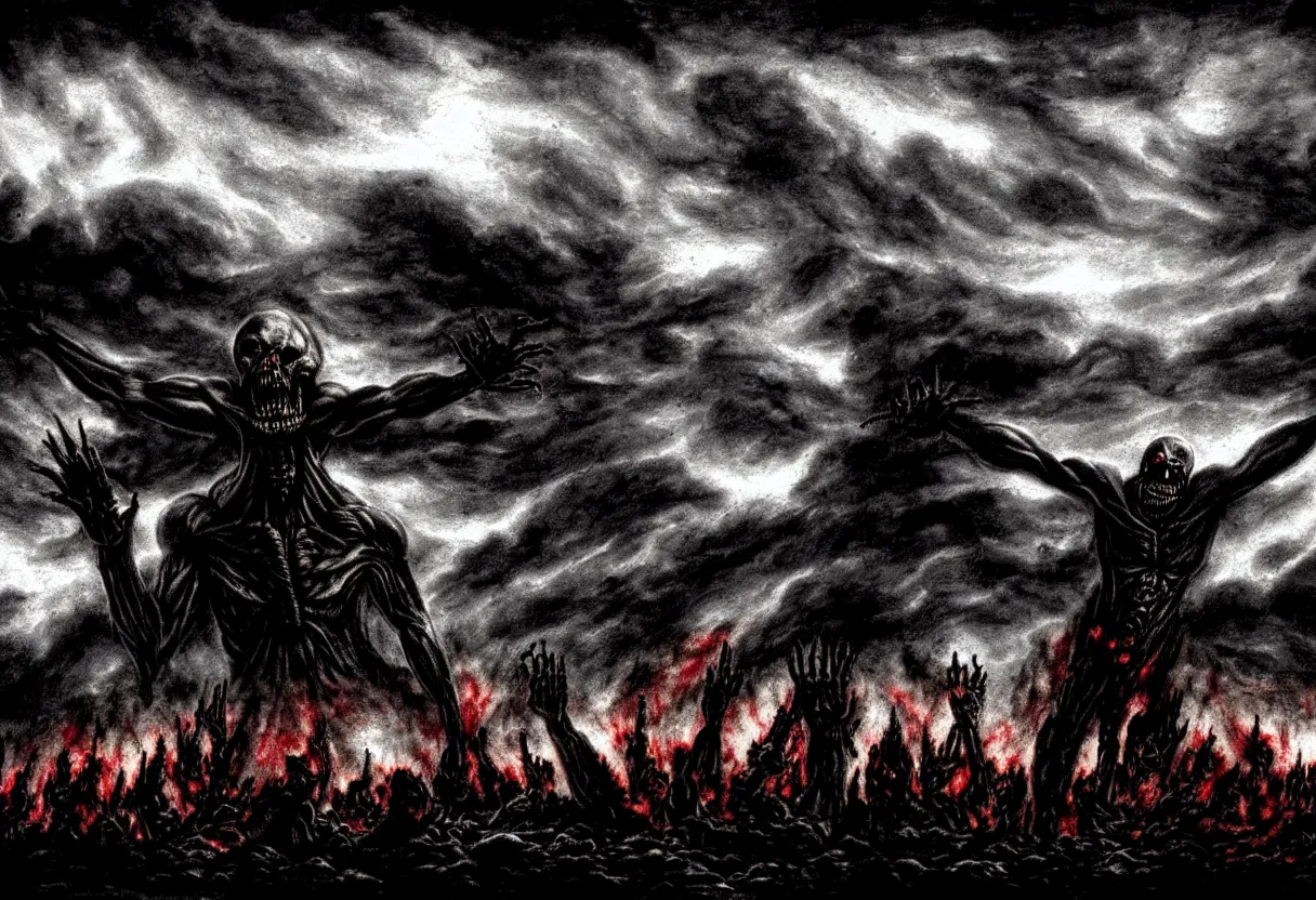 Prompt: dark burning sky with suffering shadows of dead humans with arms outstretched towards the sky, crushed souls under machines of hate, rivers of blood, nuclear waste, hell fire , under the eye of evil and monstruos alien god, blood incantation, revelation of death, radiation, sickness, disease, plague, cinematic lighting, atmospheric, realistic, highly detailed, in the style of peter paul rubens and rembrandt