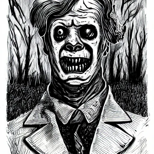 Image similar to a Pop Wonder scary horror themed goofy-hilarious-swamp-bog-monster-spaced-out-dead-head-with-space-in-his-oraphus, 3-piece-suit, dime-store-comic drawn with charcoal and pen and ink, half-tone-line-stacking