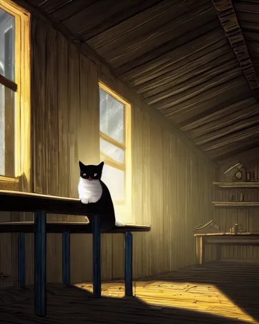 Image similar to style : disco elysium. composition : medium shot. style : digital art ; detailed ; menacing ; 4 k. scenery : the inside of a dark barn ; a faint ray of light is shining through a crack in the planks. subject : a cat hiding behind a workbench ; dark hair ; wearing a white dress.