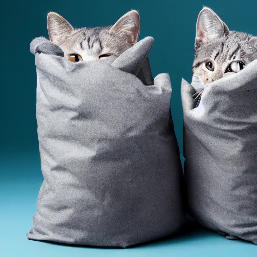 Image similar to a highly detailed photo of multiple furry cats, they are inside a big sack, gray background, studio lighting, 4 k, 8 k