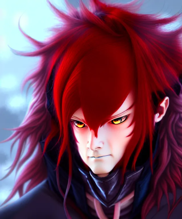 Image similar to award winning portrait of a male anthropomorphic anime black wolf long red hair. artstation, artistic lighting, highly detailed, photorealistic, fantasy