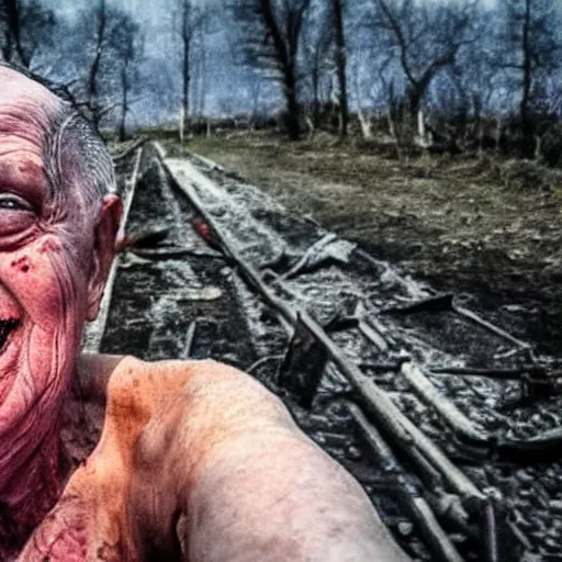 Image similar to last selfie of last alive ukrainian very damaged body to bones running from nuclear explosion, dead bodies everywhere, 2 0 2 2