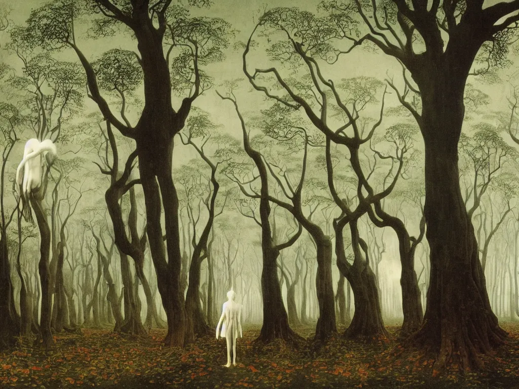 Image similar to albino mystic, with his back turned, looking in the distance at the surreal giant forest of Banyan trees in the fog. Painting by Jan van Eyck, Caspad David Friedrich, Rene Magritte, Agnes Pelton, Max Ernst, Walton Ford