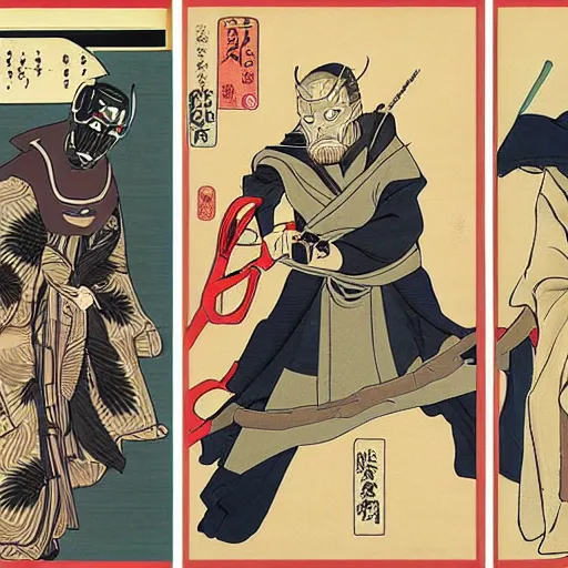 Prompt: Obi-wan Kenobi vs General Grievous ukiyo-e highly detailed